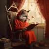 diamond painting of a fox reading a book in a rocking chair