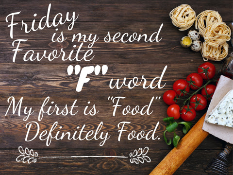 Image of Diamond painting of a quote about Friday and food, with images of pasta, tomatoes, and a rolling pin.