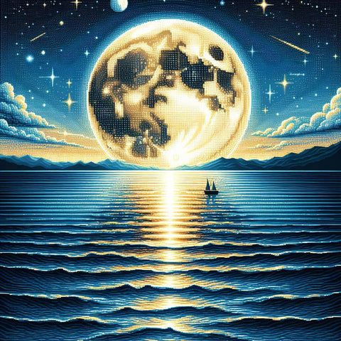 Image of Diamond painting of a full moon shining brightly over a calm ocean.