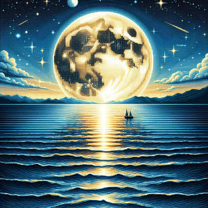 Diamond painting of a full moon shining brightly over a calm ocean.