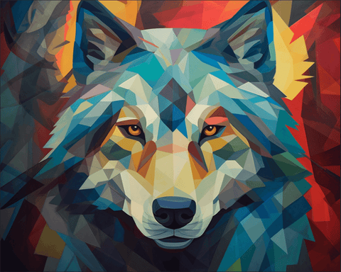 Image of Diamond painting of a colorful geometric wolf head.