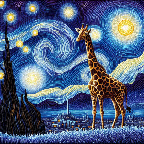 Image of Diamond painting of a majestic giraffe standing on a savanna plain at night, gazing up at a starry sky with the Milky Way galaxy.