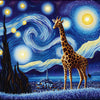 Diamond painting of a majestic giraffe standing on a savanna plain at night, gazing up at a starry sky with the Milky Way galaxy.