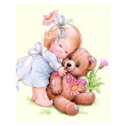 Image of diamond painting of a little girl hugging a teddy bear