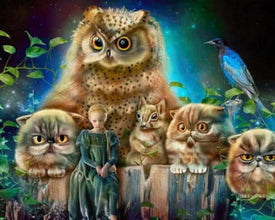 Diamond painting of a young girl with her pet owl, cat, and rabbit in a farmyard setting.