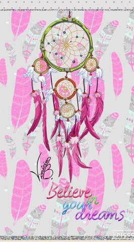 Image of diamond painting of a girly dreamcatcher with pink feathers