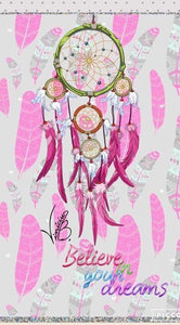 diamond painting of a girly dreamcatcher with pink feathers