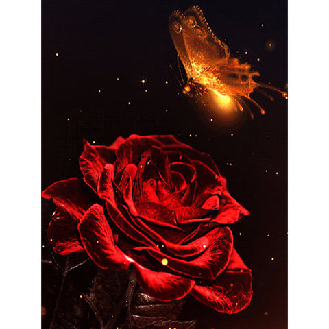 Image of diamond painting of a glowing golden butterfly and a red rose