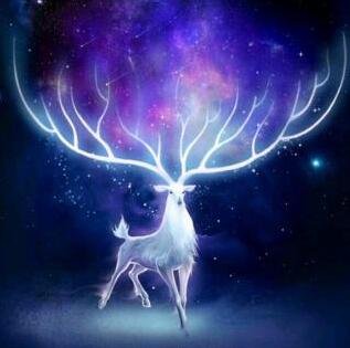 Image of diamond painting of a glowing white deer with cosmic antlers