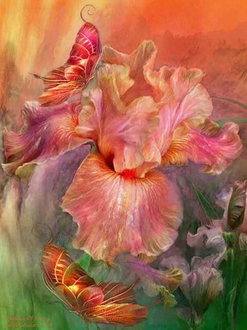 Image of diamond painting of a glowing pink iris flower with butterflies