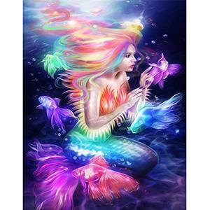 Image of diamond painting of a glowing mermaid in the ocean