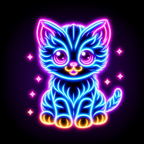 Image of Diamond painting of a glowing neon kitten with a vibrant outline.