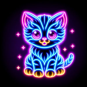 Diamond painting of a glowing neon kitten with a vibrant outline.