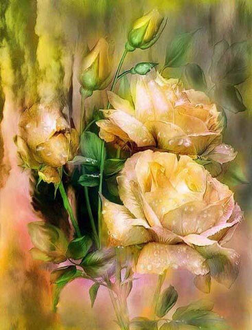 Image of diamond painting of glowing yellow roses with dew drops