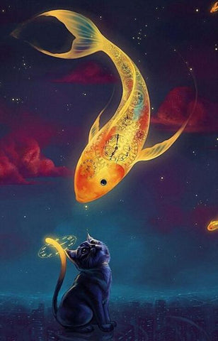 Image of diamond painting of a golden fish and a black cat under a starry sky