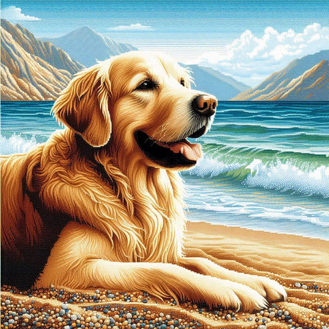 Image of Diamond Painting: Golden Retriever Relaxing on the Beach