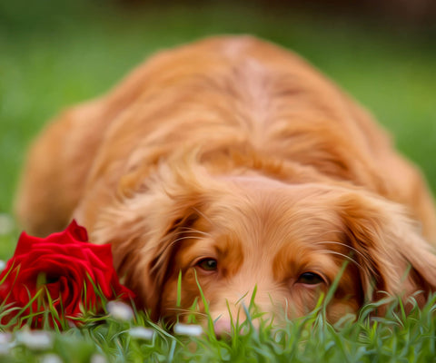 Image of diamond painting of a golden retriever puppy with a red rose in the grass