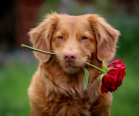 Image of diamond painting of a golden retriever puppy holding a rose