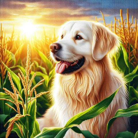 Image of Diamond painting of a Golden Retriever running through a field at sunset.