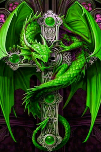 Diamond painting of a green dragon perched on a crucifix.