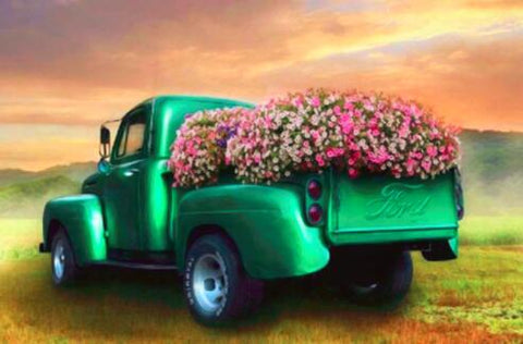 Image of diamond painting of a green vintage truck filled with colorful flowers