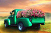 diamond painting of a green vintage truck filled with colorful flowers