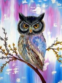 Image of Diamond painting of a grumpy owl with a furrowed brow and crossed beak, perched on a tree branch.