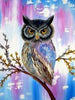 Diamond painting of a grumpy owl with a furrowed brow and crossed beak, perched on a tree branch.