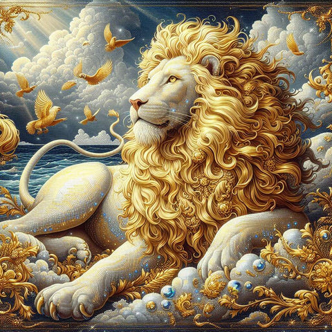 Image of Diamond painting of a majestic golden lion with a flowing mane standing guard.