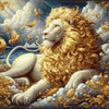 Diamond painting of a majestic golden lion with a flowing mane standing guard.