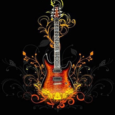 Image of diamond painting of an electric guitar with music notes and flames