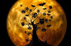 diamond painting of a spooky tree with bats and pumpkins on a full moon