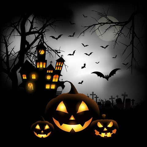 Image of diamond painting of a spooky haunted house, jack-o-lanterns, and a graveyard