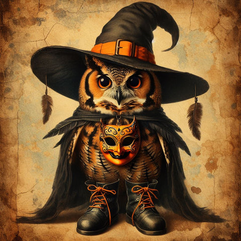 Image of Diamond Painting of a Halloween Owl Wearing a Witch Hat, Mask, and Boots