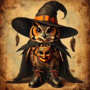 Diamond Painting of a Halloween Owl Wearing a Witch Hat, Mask, and Boots