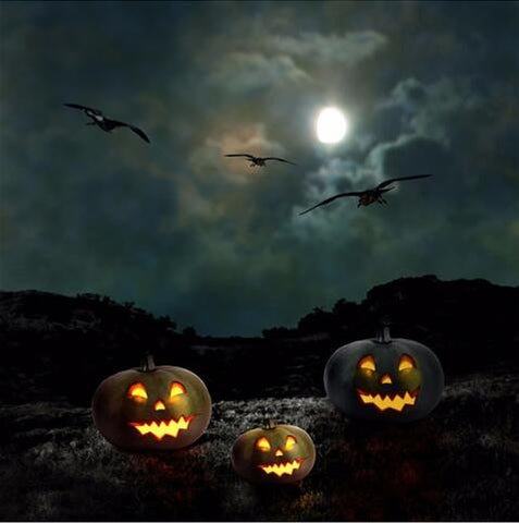 Image of diamond painting of spooky jack-o-lanterns under a full moon