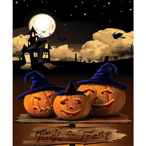 Image of diamond painting of three jack-o-lanterns with witch hats and a "Trick or Treat" sign