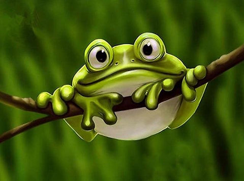 Image of diamond painting of a happy frog sitting on a branch