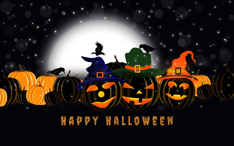 Image of diamond painting of jack-o-lanterns with witch hats and a full moon