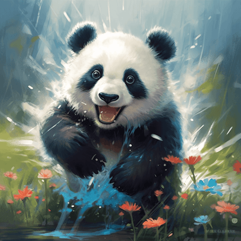 Image of diamond painting of a happy panda playing in water and flowers