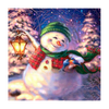 diamond painting of a smiling snowman holding a lantern in a winter scene