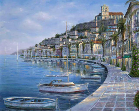 Image of Diamond painting of a vibrant harbor scene with sailboats, colorful buildings, and palm trees.