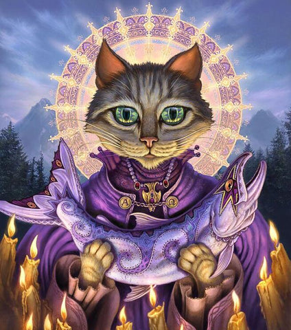 Image of diamond painting of a cat dressed as a high priest holding a fish