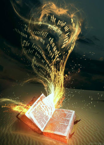 Image of diamond painting of an open Bible with flames and words rising from it