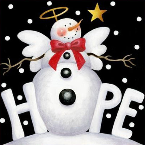 Image of diamond painting of a cute snowman with the word "HOPE"