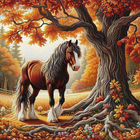 Image of Diamond painting of a brown horse standing in a colorful autumn forest