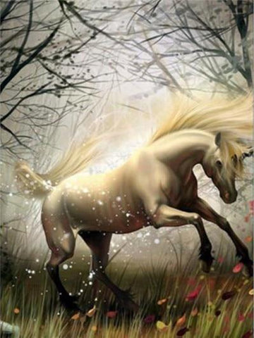 Image of Diamond painting of a majestic white horse rearing up on its hind legs in a windy forest.