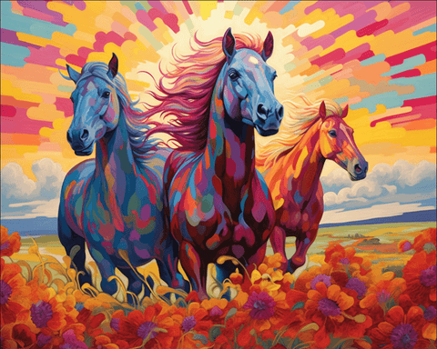 Image of Diamond painting of three horses running wild through a field of colorful wildflowers, a scene of freedom and exuberance.