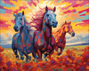 Diamond painting of three horses running wild through a field of colorful wildflowers, a scene of freedom and exuberance.