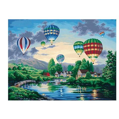 diamond painting of colorful hot air balloons flying over a lake